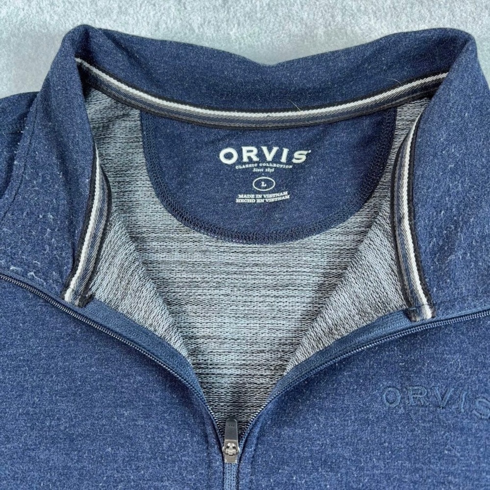 Orvis Quarter Zip Pullover Mens L Navy Blue Heathered Mock Neck Long Sleeve Logo - Picture 3 of 7